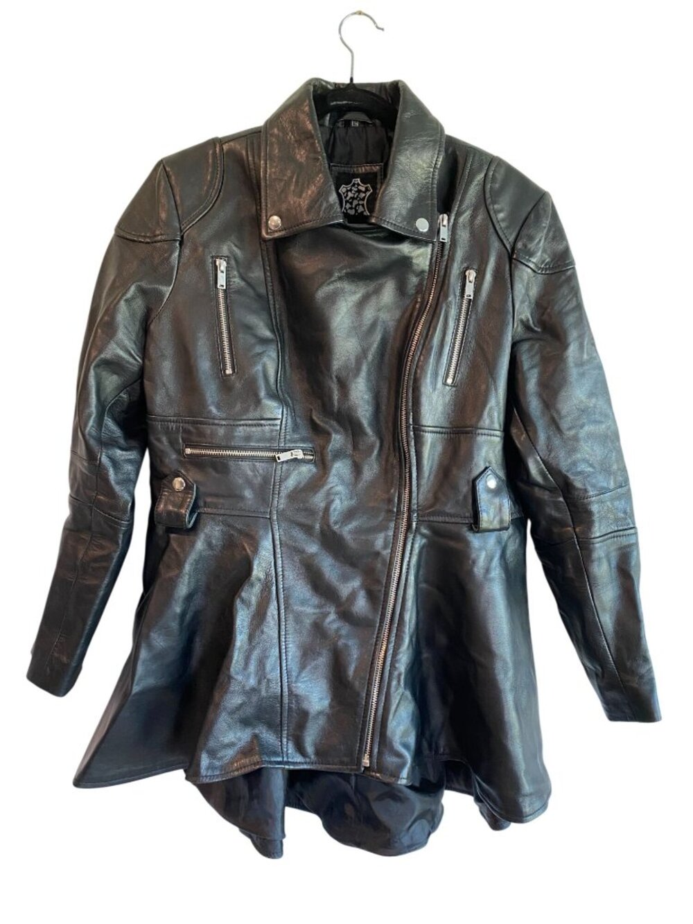Genuine Leather Black Moto Jacket Womens XL Asymmetrical Zip High Low Peplum Hem